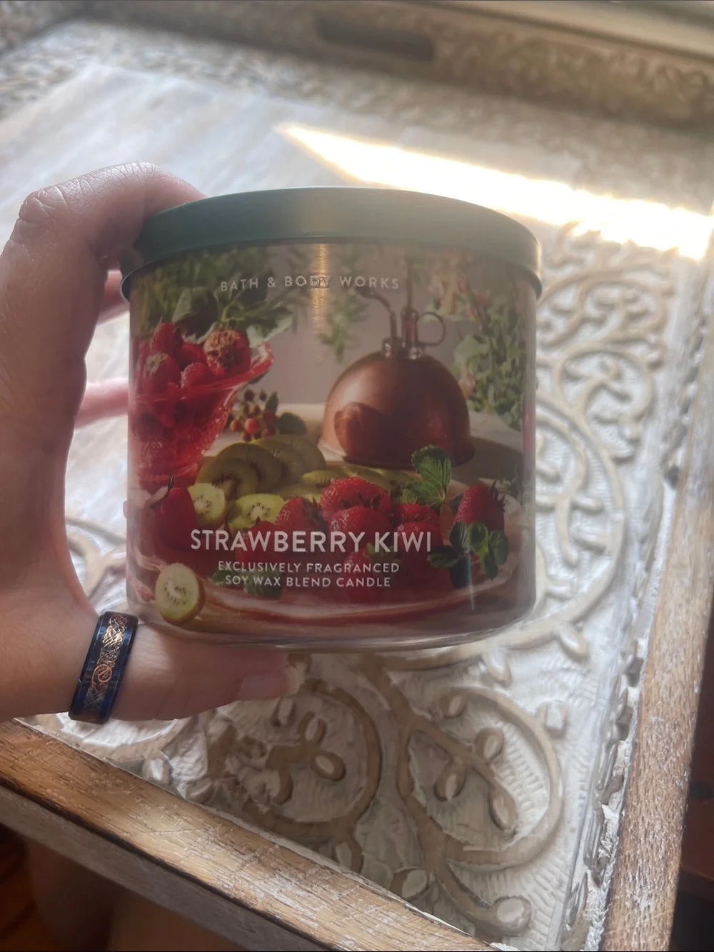 Bath & Body Works Strawberry Kiwi Candle with Green Lid and Red Label Art